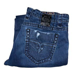 Rock Revival Adam Mens Jeans 42 33 Alt Straight Leg Distressed Dark Wash Frayed